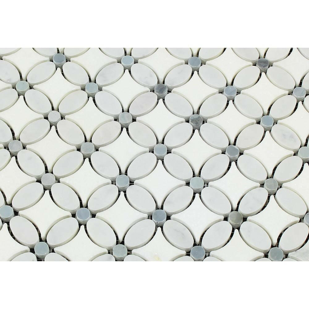 Carrara White Marble Honed Florida Flower Mosaic Tile w/Blue Gray Dots-Marble Mosaic-American Tile Depot