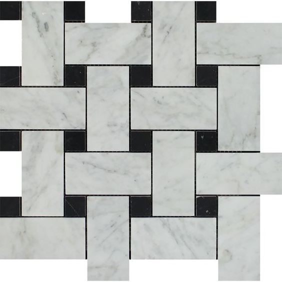 Carrara White Marble Honed Large Basketweave Mosaic Tile w/ Black Dots-Marble Mosaic-American Tile Depot