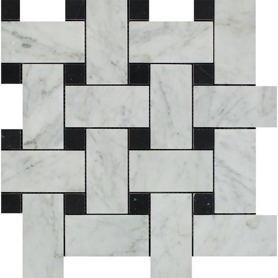 Carrara White Marble Honed Large Basketweave Mosaic Tile w/ Black Dots-Marble Mosaic-American Tile Depot