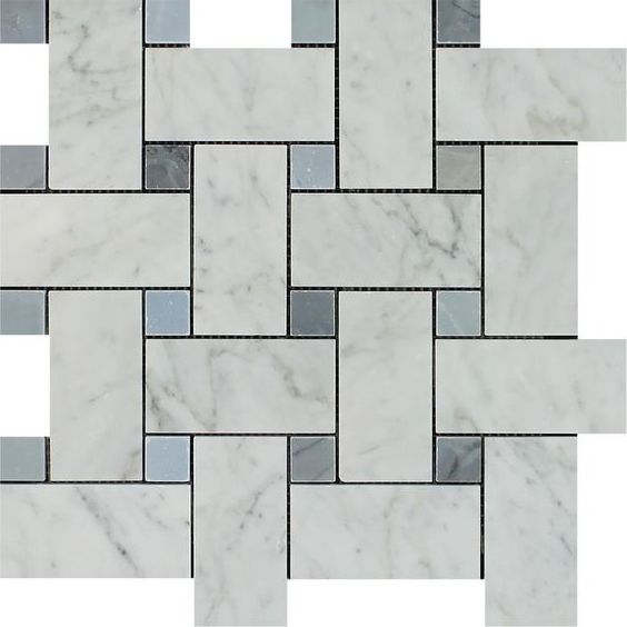 Carrara White Marble Honed Large Basketweave Mosaic Tile w/ Blue-Gray Dots-Marble Mosaic-American Tile Depot