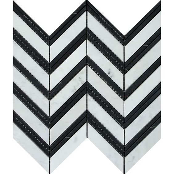 Carrara White Marble Honed Large Chevron Mosaic Tile w / Black Strips-Marble Mosaic-American Tile Depot