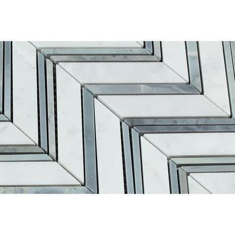 Carrara White Marble Honed Large Chevron Mosaic Tile w / Blue-Gray Strips-Marble Mosaic-American Tile Depot