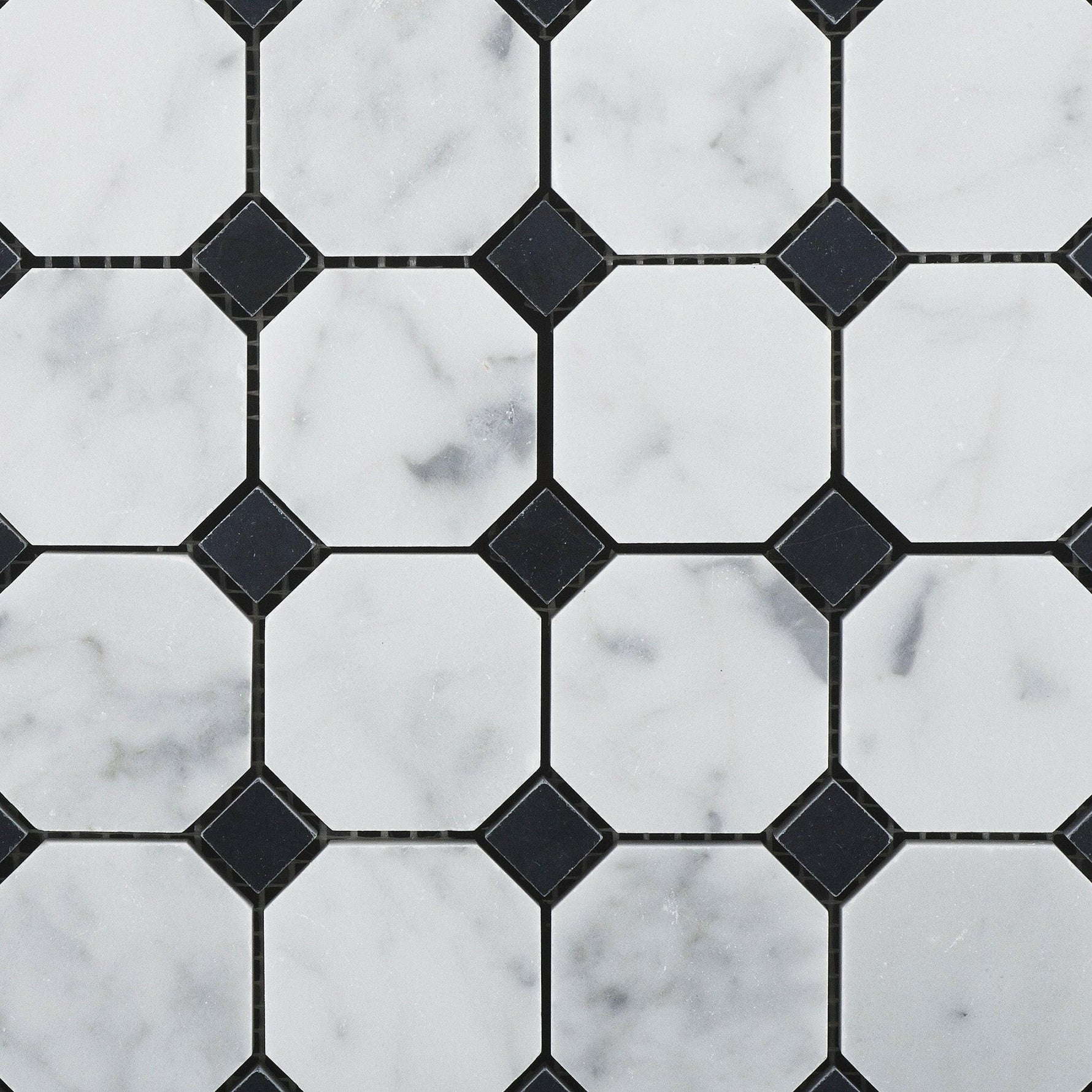 Carrara White Marble Honed Octagon Mosaic Tile w/ Black Dots-Marble Mosaic-American Tile Depot