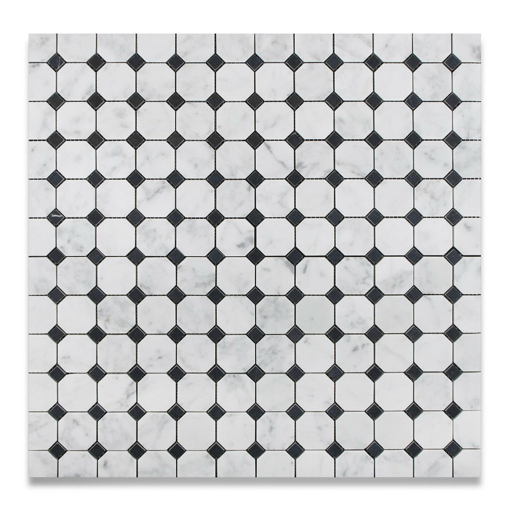 Carrara White Marble Honed Octagon Mosaic Tile w/ Black Dots-Marble Mosaic-American Tile Depot