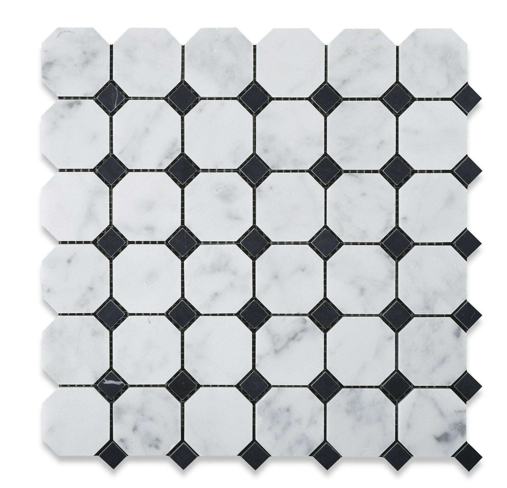 Carrara White Marble Honed Octagon Mosaic Tile w/ Black Dots-Marble Mosaic-American Tile Depot