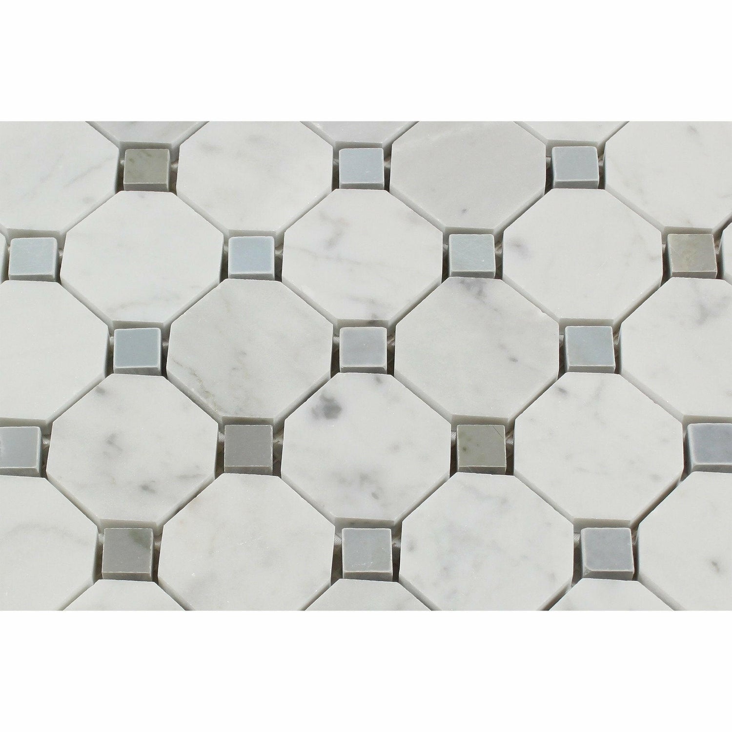 Carrara White Marble Honed Octagon Mosaic Tile w/ Blue-Gray Dots-Marble Mosaic-American Tile Depot