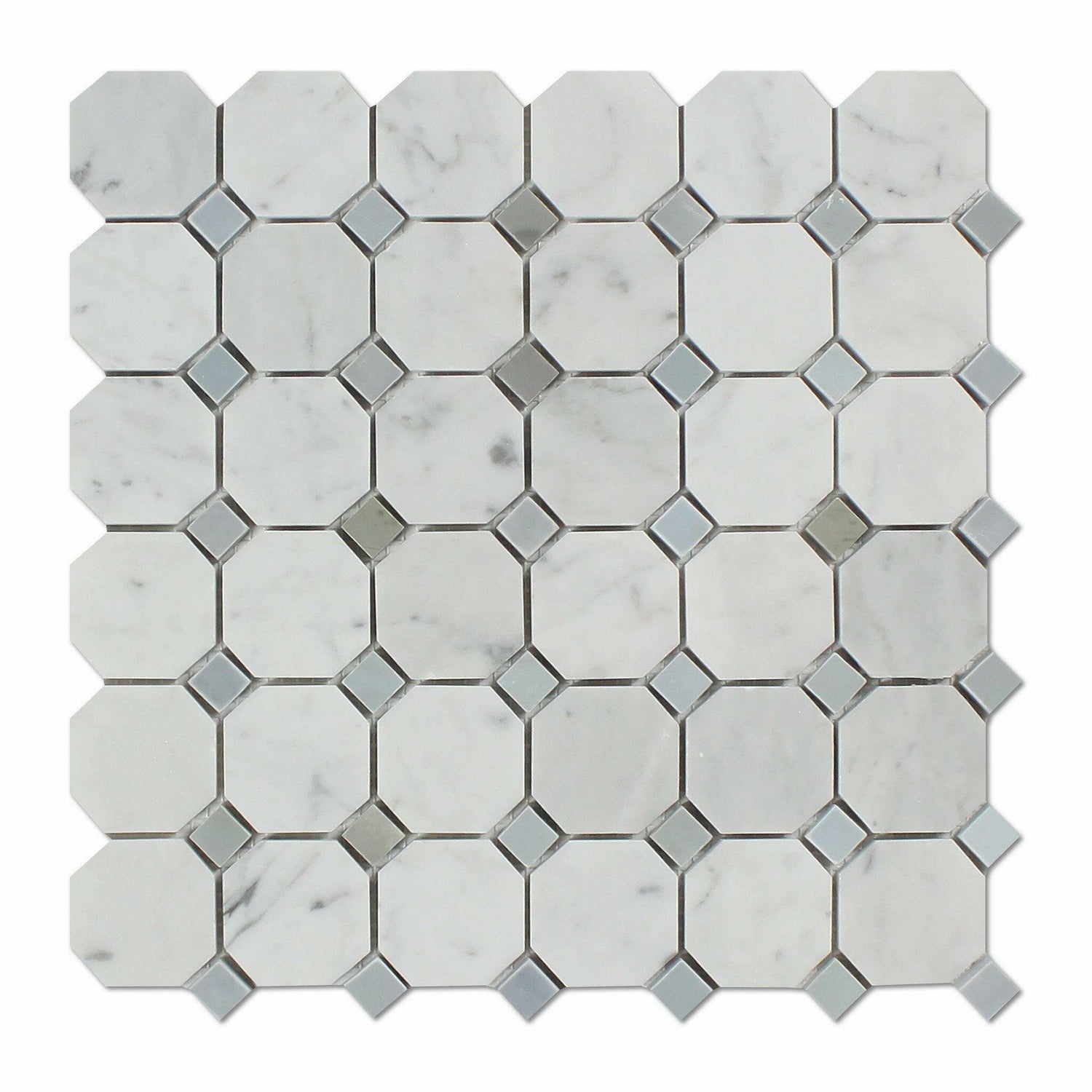 Carrara White Marble Honed Octagon Mosaic Tile w/ Blue-Gray Dots-Marble Mosaic-American Tile Depot