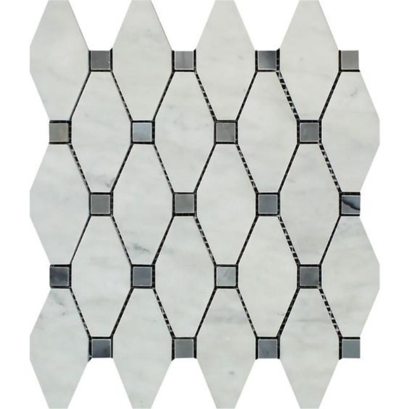 Carrara White Marble Honed Octave Pattern Mosaic Tile w/ Blue Gray Dots-Marble Mosaic-American Tile Depot