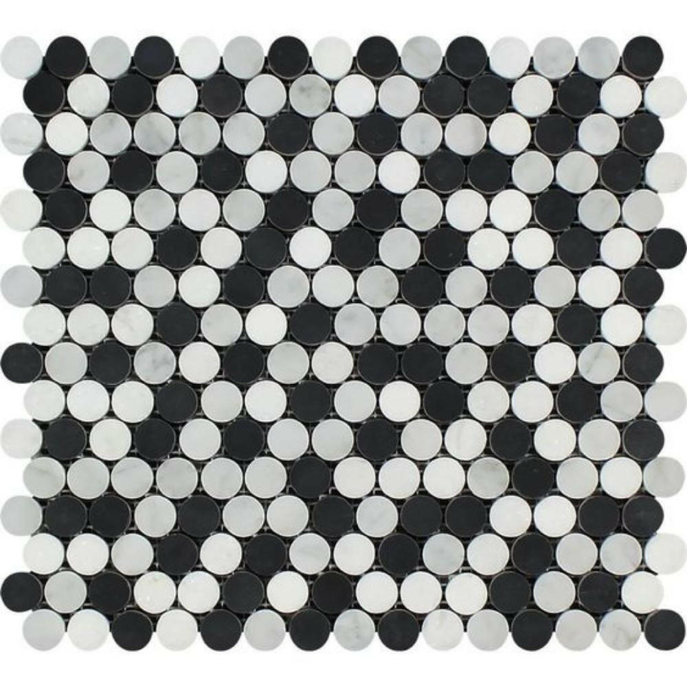 Carrara White Marble Honed Penny Round Mosaic Tile w / Black Dots-Marble Mosaic-American Tile Depot