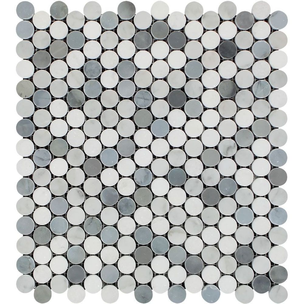 Carrara White Marble Honed Penny Round Mosaic Tile w / Blue Gray Dots-Marble Mosaic-American Tile Depot