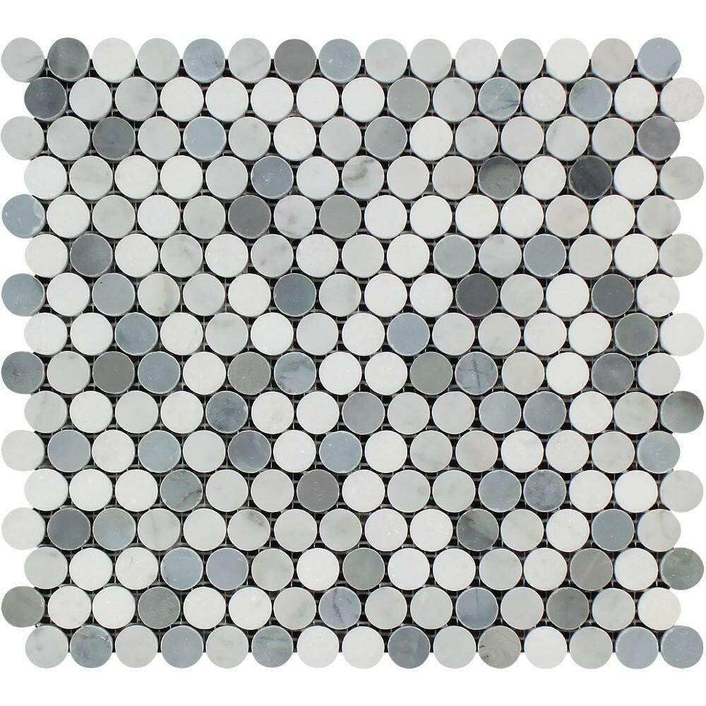 Carrara White Marble Honed Penny Round Mosaic Tile w / Blue Gray Dots-Marble Mosaic-American Tile Depot