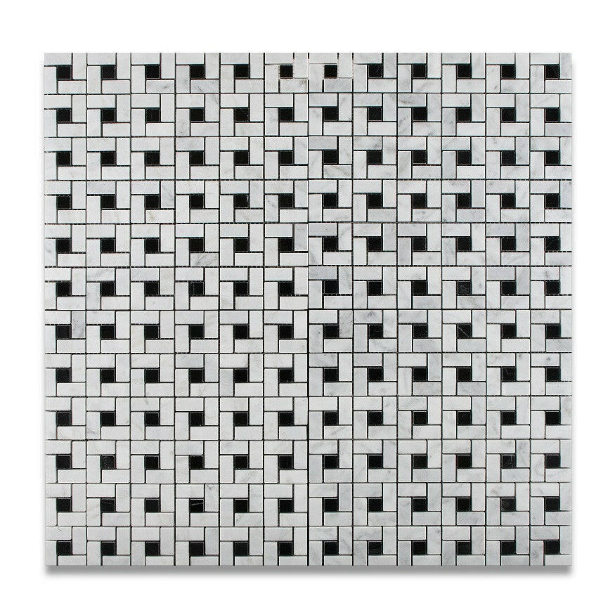 Carrara White Marble Honed Pinwheel Mosaic Tile w/ Black Dots-Marble Mosaic-American Tile Depot