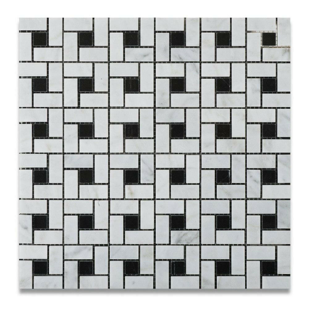 Carrara White Marble Honed Pinwheel Mosaic Tile w/ Black Dots-Marble Mosaic-American Tile Depot