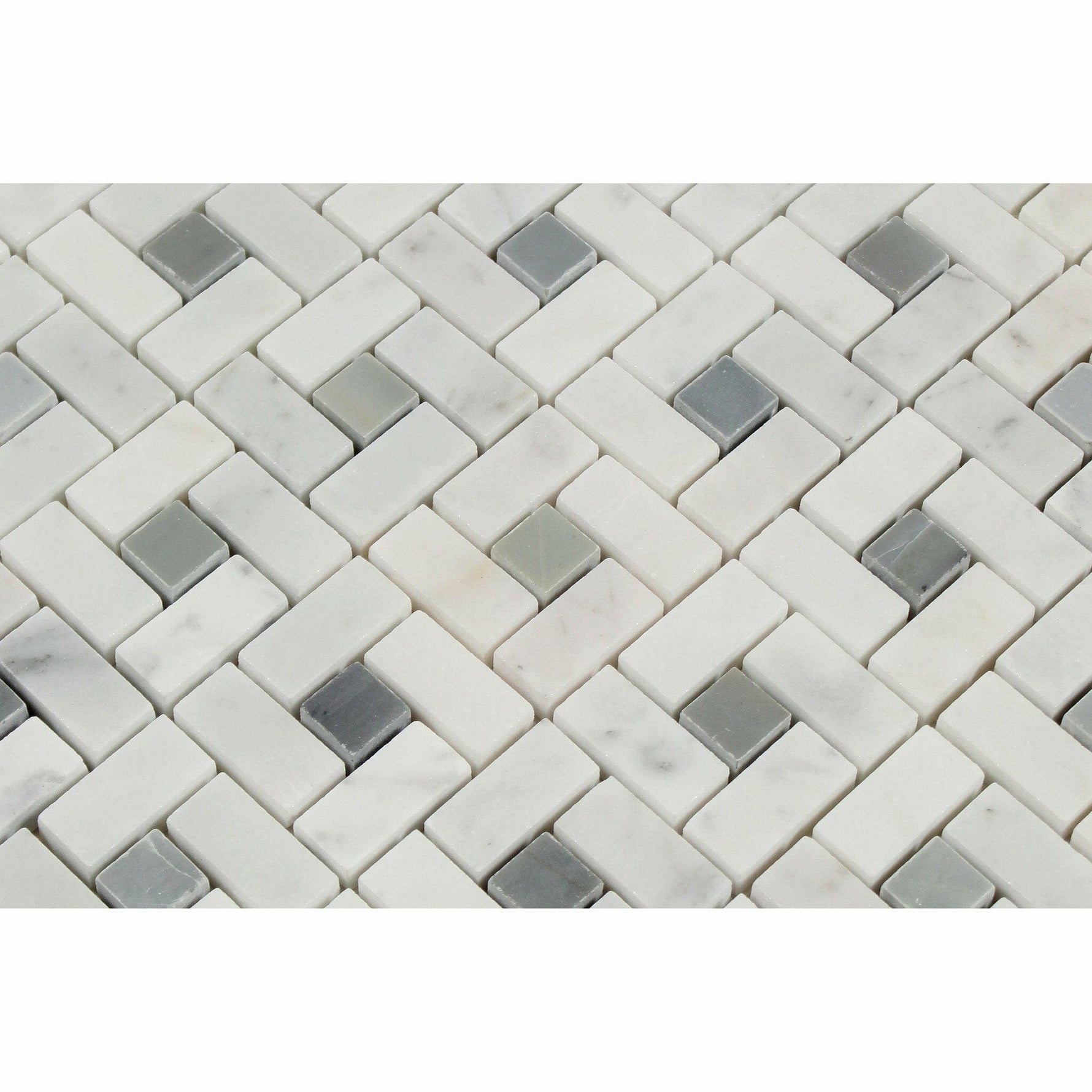 Carrara White Marble Honed Pinwheel Mosaic Tile w/ Blue-Gray Dots-Marble Mosaic-American Tile Depot