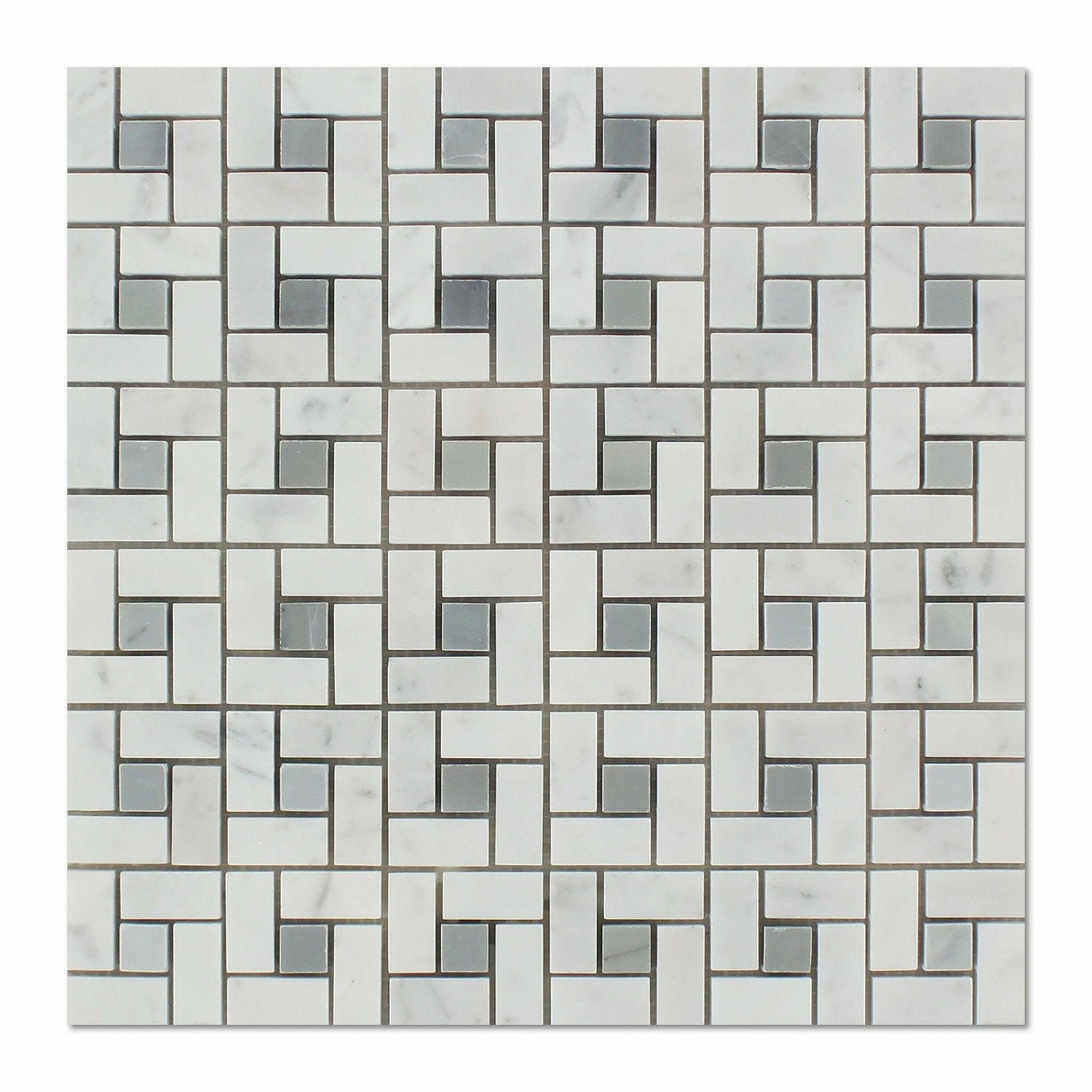 Carrara White Marble Honed Pinwheel Mosaic Tile w/ Blue-Gray Dots-Marble Mosaic-American Tile Depot