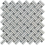 Carrara White Marble Honed Stanza Basketweave Mosaic Tile w/ Blue Gray Dots-Marble Mosaic-American Tile Depot