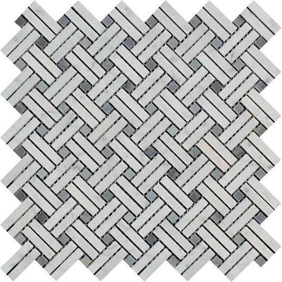 Carrara White Marble Honed Stanza Basketweave Mosaic Tile w/ Blue Gray Dots-Marble Mosaic-American Tile Depot