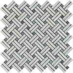 Carrara White Marble Honed Stanza Basketweave Mosaic Tile w/ Blue Gray Dots-Marble Mosaic-American Tile Depot