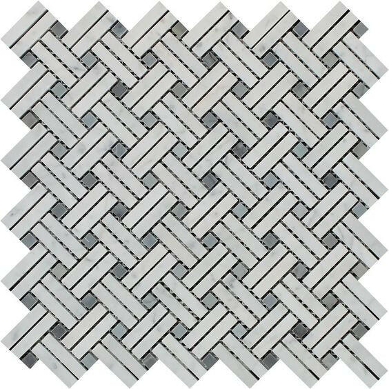 Carrara White Marble Honed Stanza Basketweave Mosaic Tile w/ Blue Gray Dots-Marble Mosaic-American Tile Depot