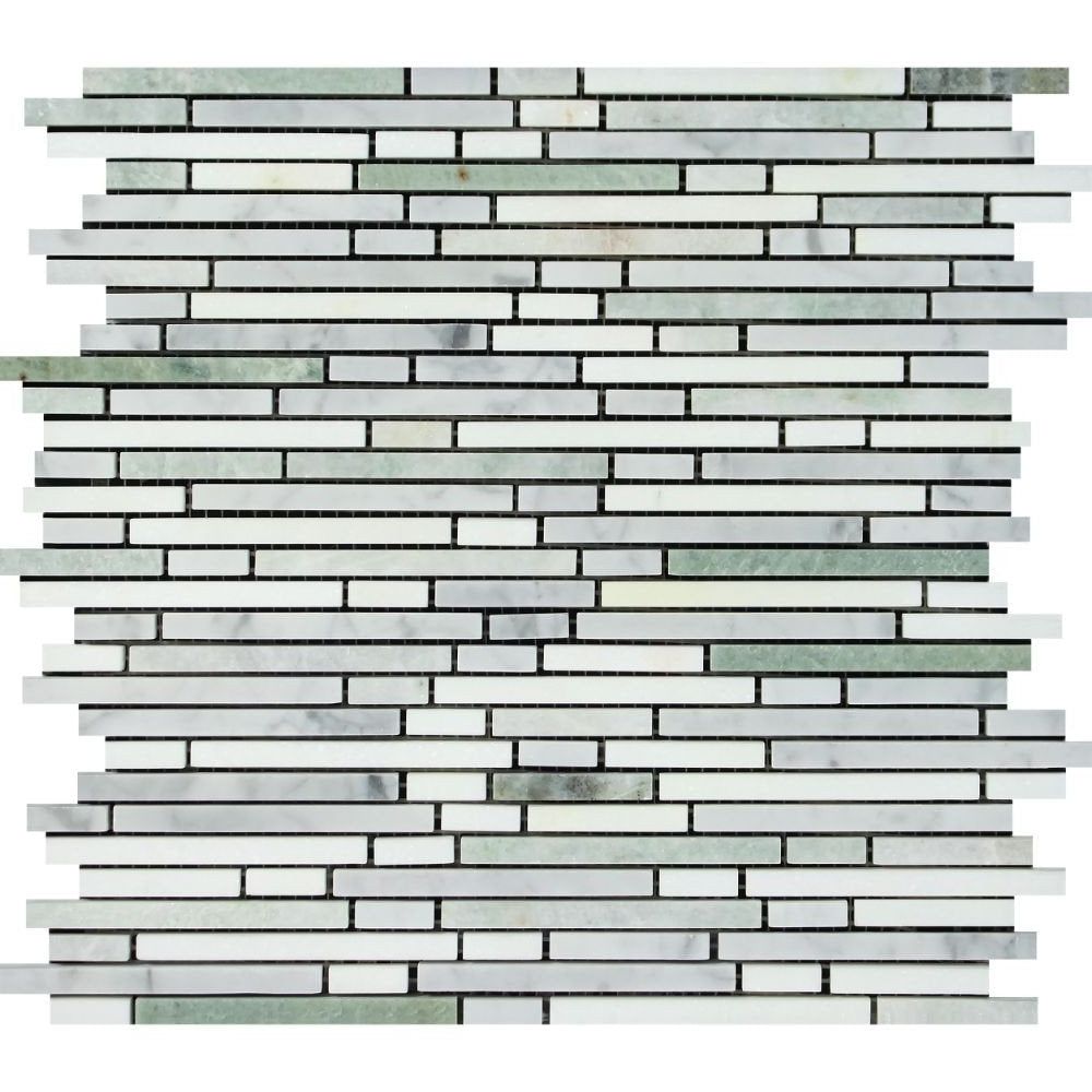 Carrara White Marble Honed Tricolor (Carrara+Thassos +Ming-Green ) Bamboo Sticks Mosaic-Marble Mosaic-American Tile Depot