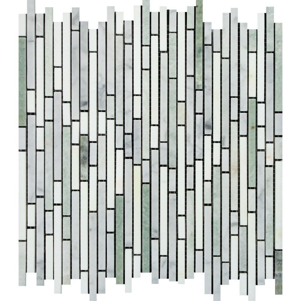 Carrara White Marble Honed Tricolor (Carrara+Thassos +Ming-Green ) Bamboo Sticks Mosaic-Marble Mosaic-American Tile Depot