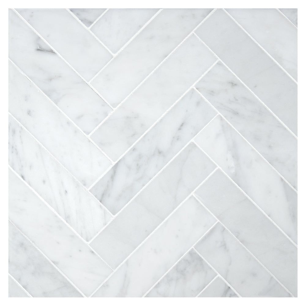 Carrara White Marble Polished 1.25 x 6 Herringbone Mosaic Tile-Marble Mosaic-American Tile Depot