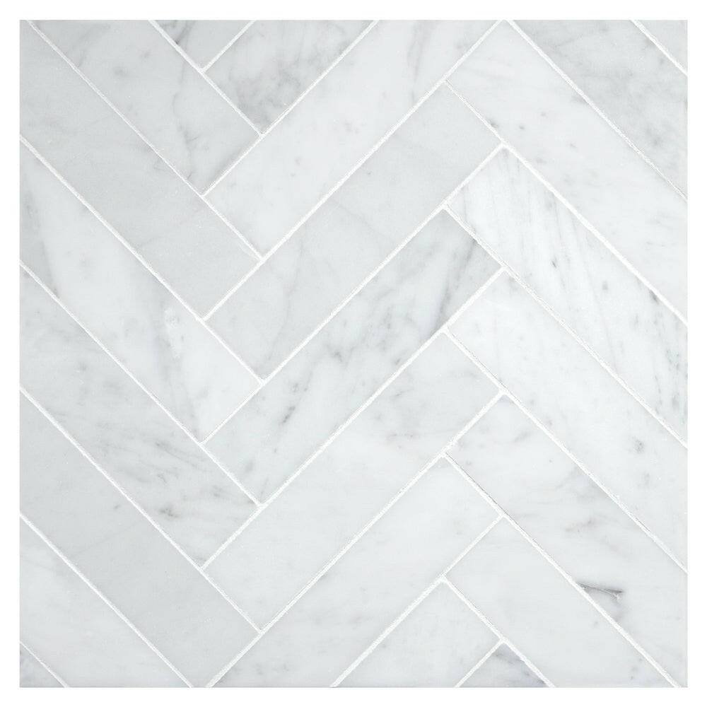 Carrara White Marble Polished 1.25 x 6 Herringbone Mosaic Tile-Marble Mosaic-American Tile Depot