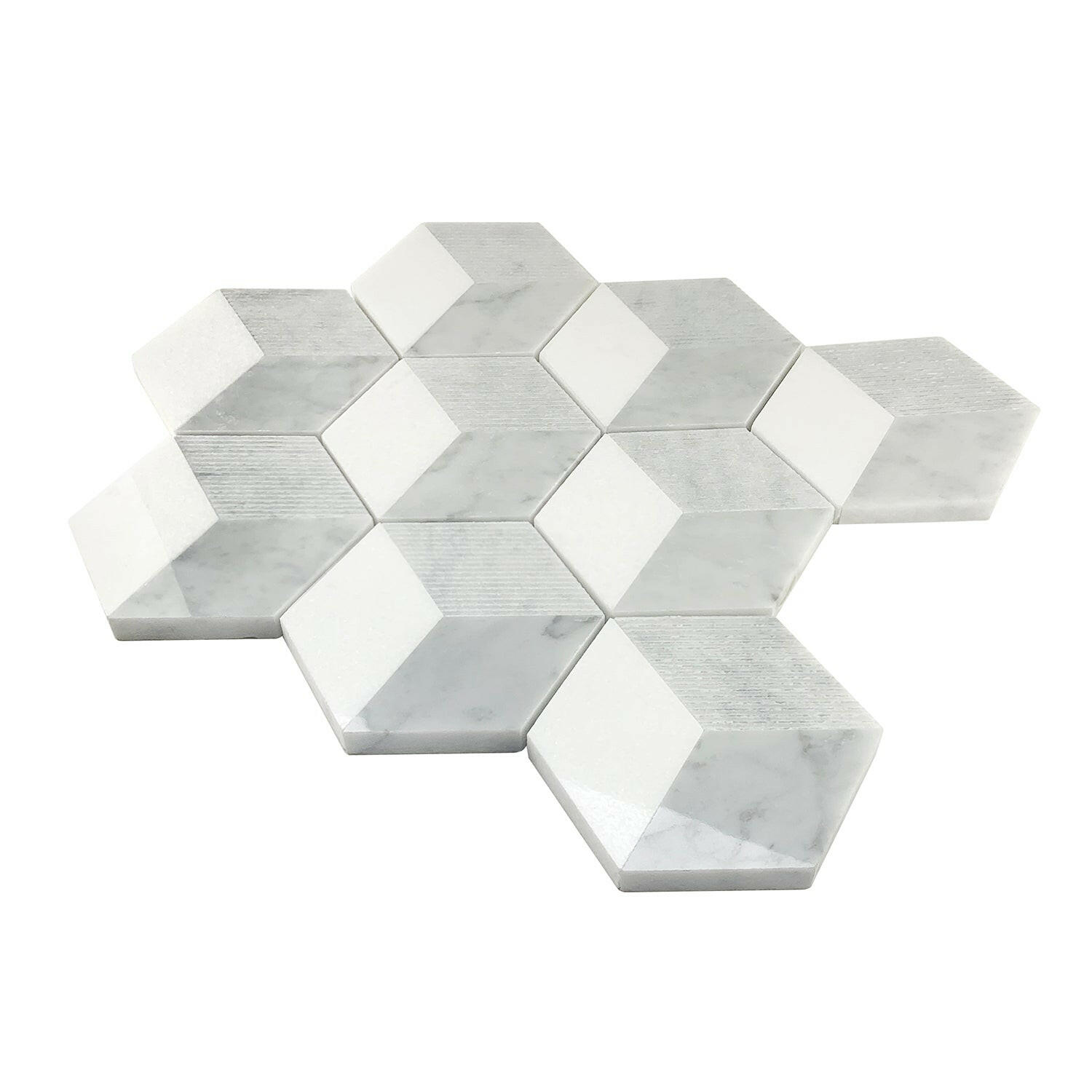 Carrara White Marble Polished 3D-Grooved Mosaic Tile-Marble Mosaic-American Tile Depot