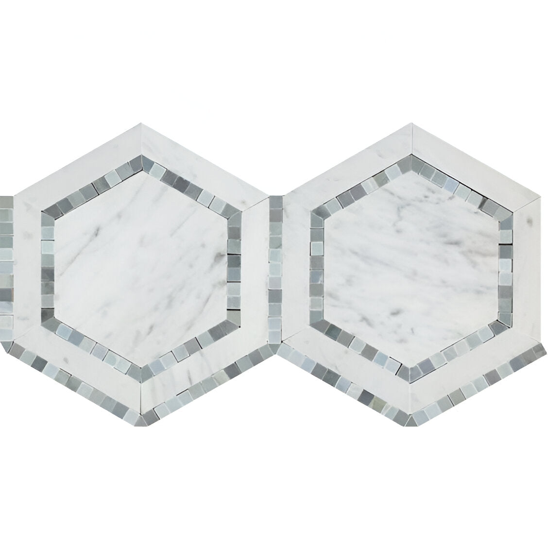 Carrara White Marble Polished 5" Hexagon Combination Mosaic Tile w / Blue-Gray-Marble Mosaic-American Tile Depot