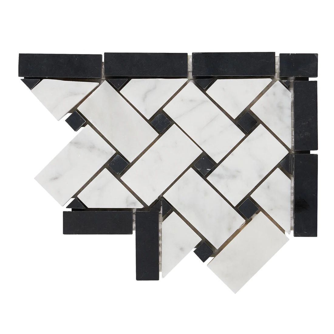 Carrara White Marble Polished Basketweave Border Corner w / Black Dots-Marble Border-American Tile Depot