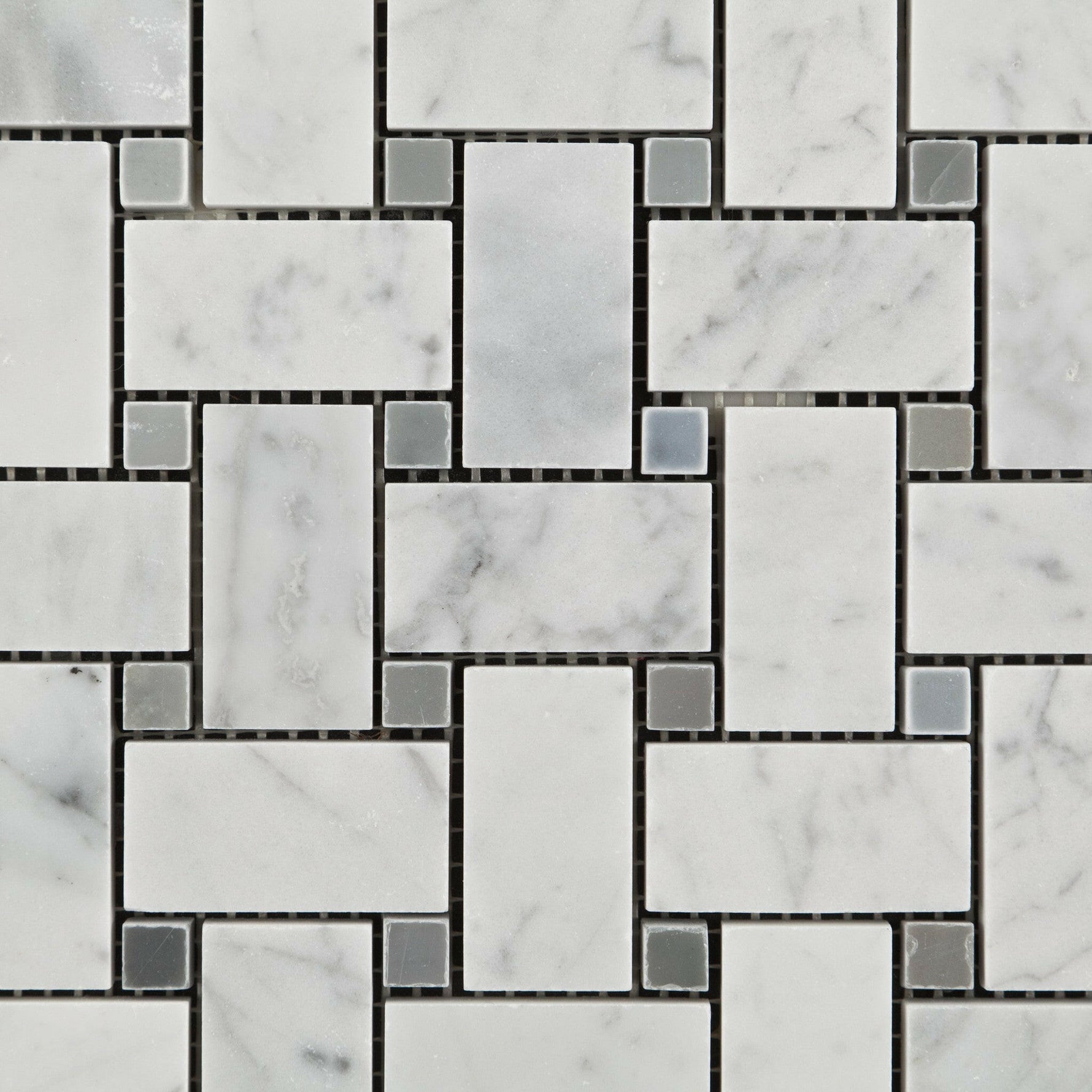 Carrara White Marble Polished Basketweave Mosaic Tile w/ Blue-Gray Dots-Marble Mosaic-American Tile Depot