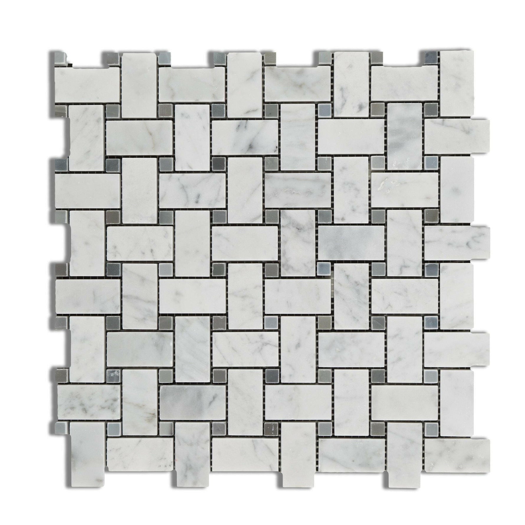 Carrara White Marble Polished Basketweave Mosaic Tile w/ Blue-Gray Dots-Marble Mosaic-American Tile Depot