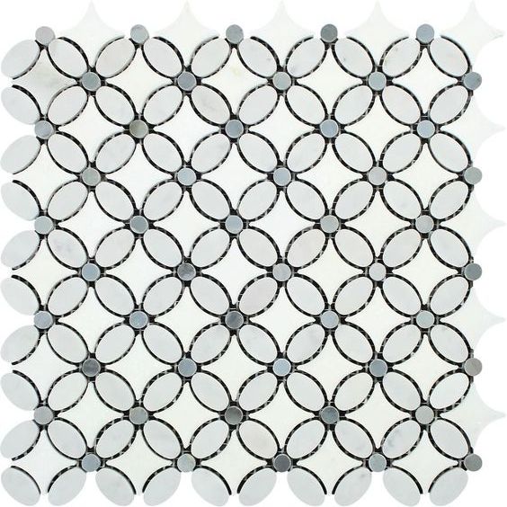 Carrara White Marble Polished Florida Flower Mosaic Tile w/Blue Gray Dots-Marble Mosaic-American Tile Depot