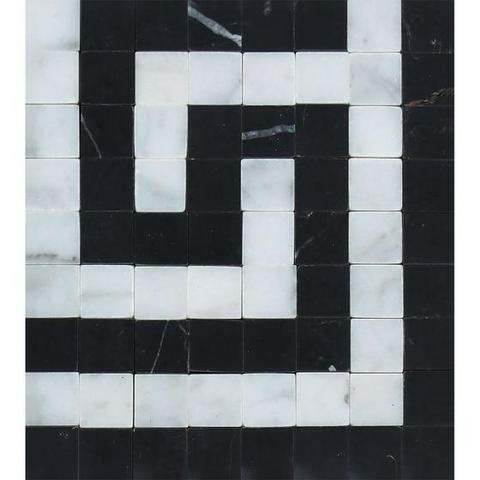 Carrara White Marble Polished Greek Key Border Corner w / Black Dots-Marble Border-American Tile Depot