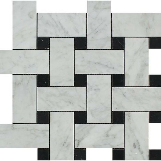 Carrara White Marble Polished Large Basketweave Mosaic Tile w/ Black Dots-Marble Mosaic-American Tile Depot