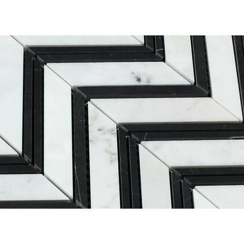 Carrara White Marble Polished Large Chevron Mosaic Tile w / Black Strips-Marble Mosaic-American Tile Depot