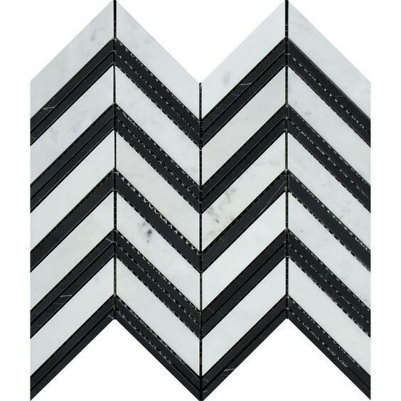 Carrara White Marble Polished Large Chevron Mosaic Tile w / Black Strips-Marble Mosaic-American Tile Depot