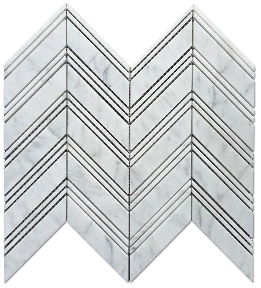 Carrara White Marble Polished Large Chevron Mosaic Tile w / Carrara Strips-Marble Mosaic-American Tile Depot