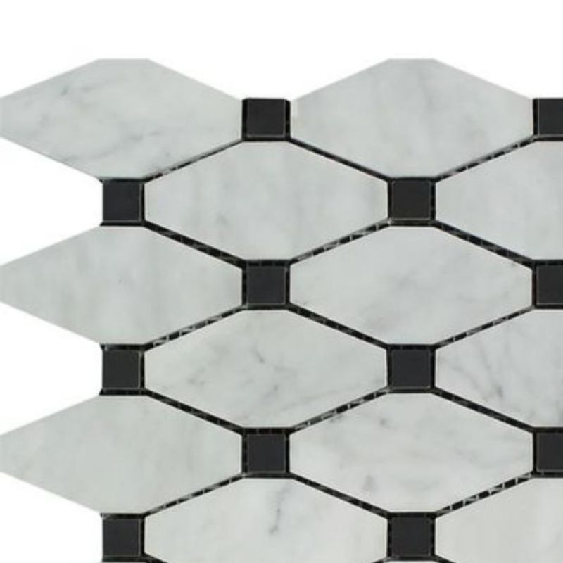 Carrara White Marble Polished Octave Pattern Mosaic Tile w/ Black Dots-Marble Mosaic-American Tile Depot