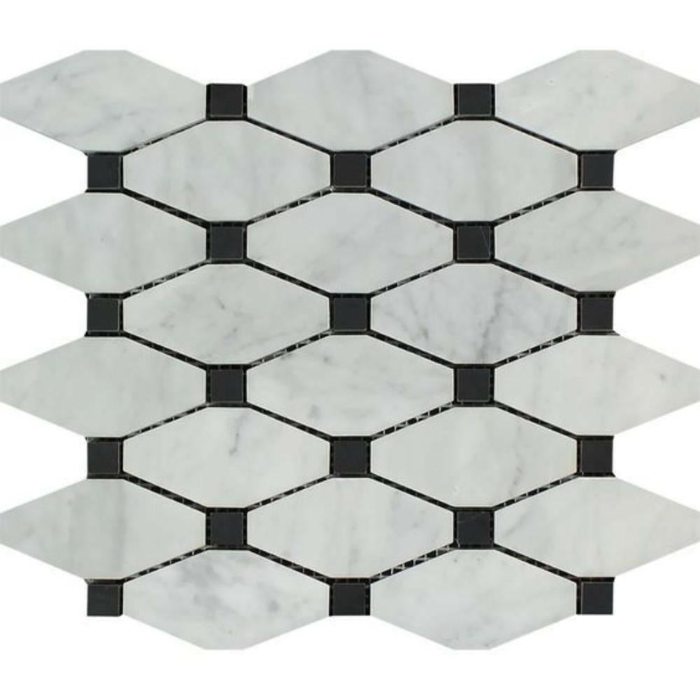 Carrara White Marble Polished Octave Pattern Mosaic Tile w/ Black Dots-Marble Mosaic-American Tile Depot