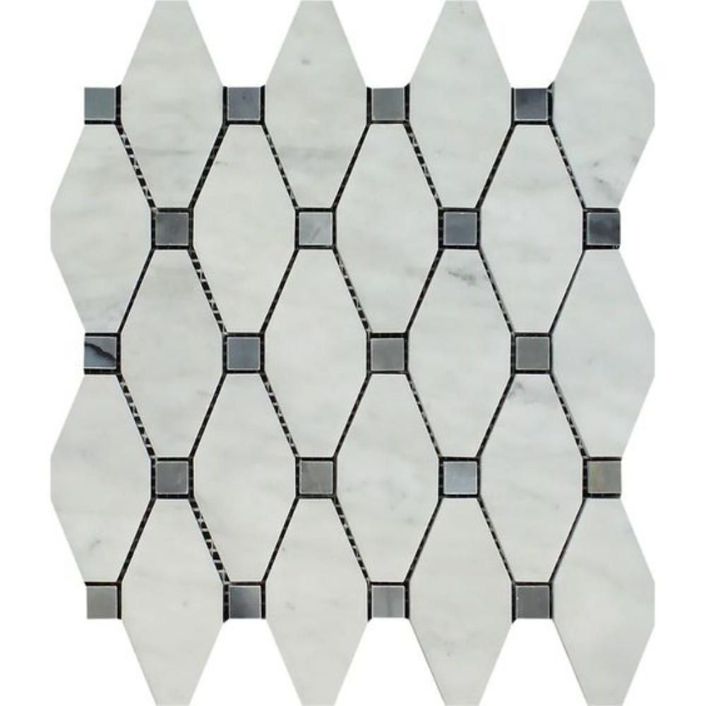 Carrara White Marble Polished Octave Pattern Mosaic Tile w/ Blue Gray Dots-Marble Mosaic-American Tile Depot