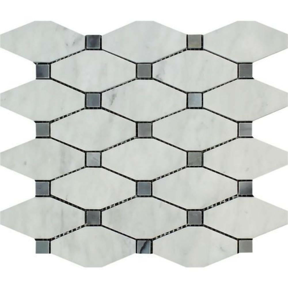 Carrara White Marble Polished Octave Pattern Mosaic Tile w/ Blue Gray Dots-Marble Mosaic-American Tile Depot