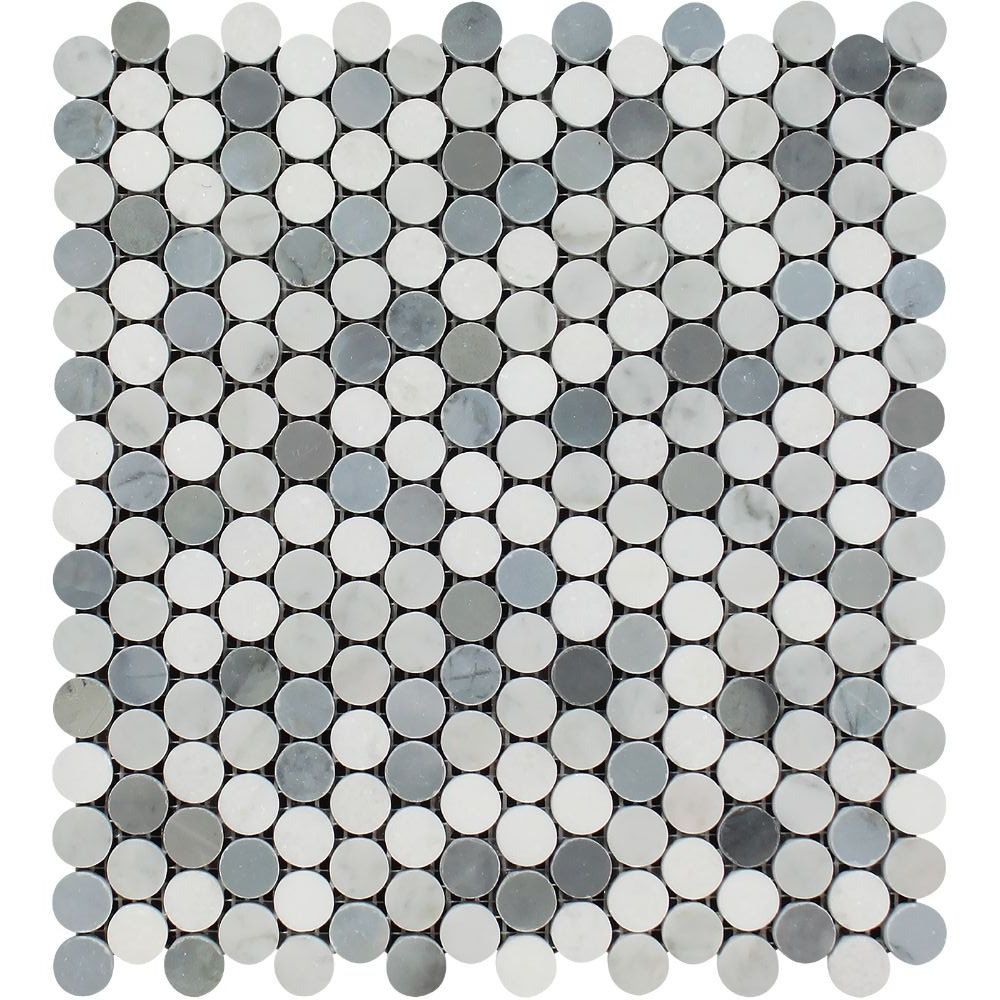 Carrara White Marble Polished Penny Round Mosaic Tile w / Blue Gray Dots-Marble Mosaic-American Tile Depot