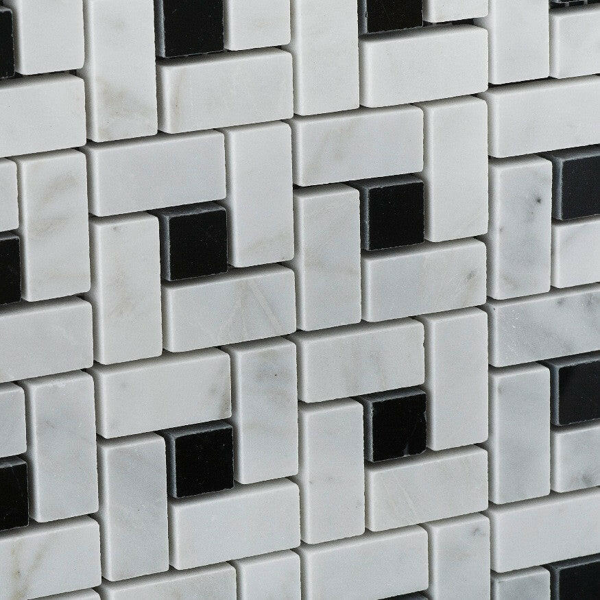 Carrara White Marble Polished Pinwheel Mosaic Tile w/ Black Dots-Marble Mosaic-American Tile Depot