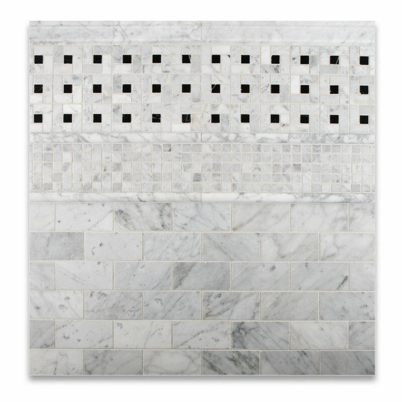 Carrara White Marble Polished Pinwheel Mosaic Tile w/ Black Dots-Marble Mosaic-American Tile Depot