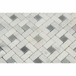 Carrara White Marble Polished Pinwheel Mosaic Tile w/ Blue-Gray Dots-Marble Mosaic-American Tile Depot