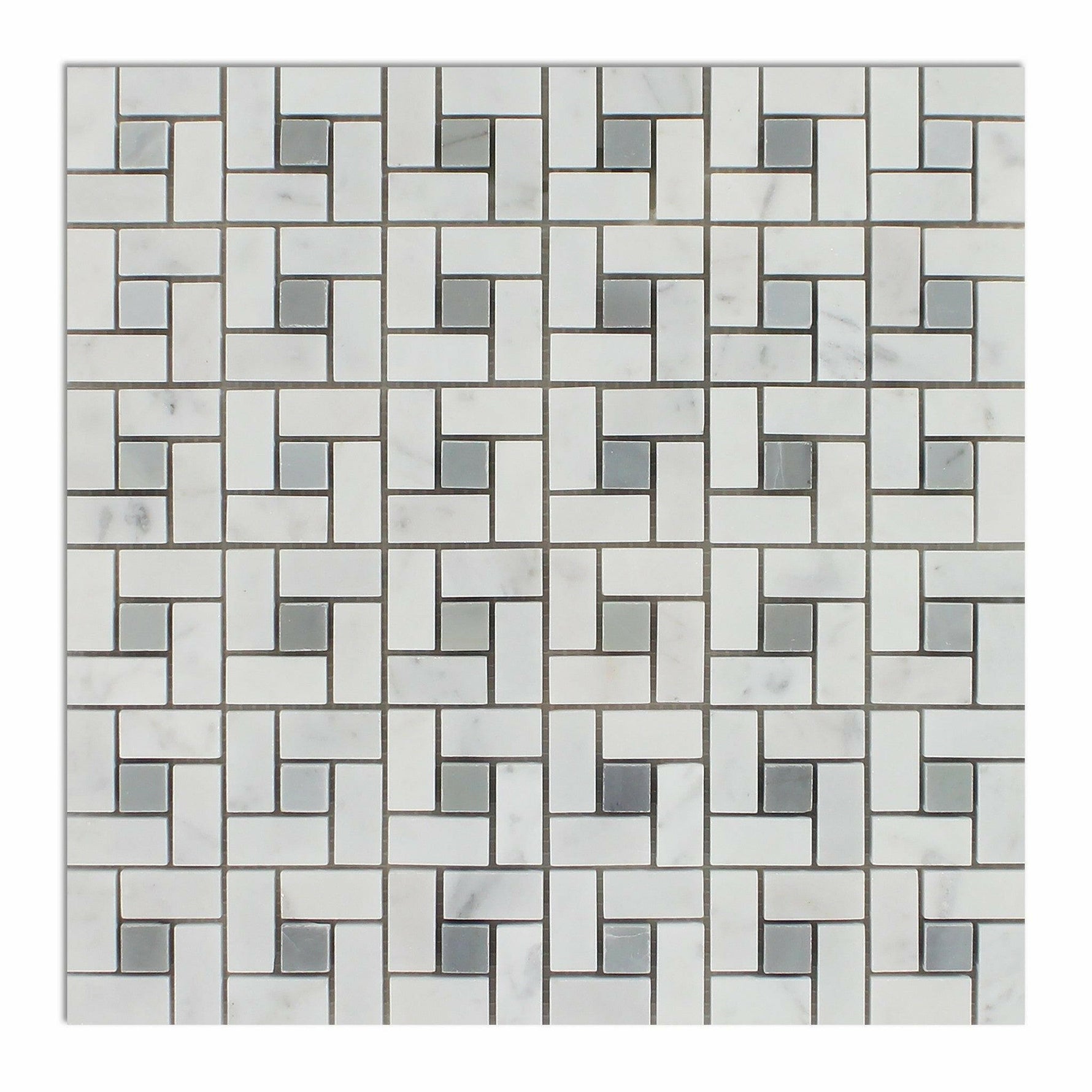 Carrara White Marble Polished Pinwheel Mosaic Tile w/ Blue-Gray Dots-Marble Mosaic-American Tile Depot