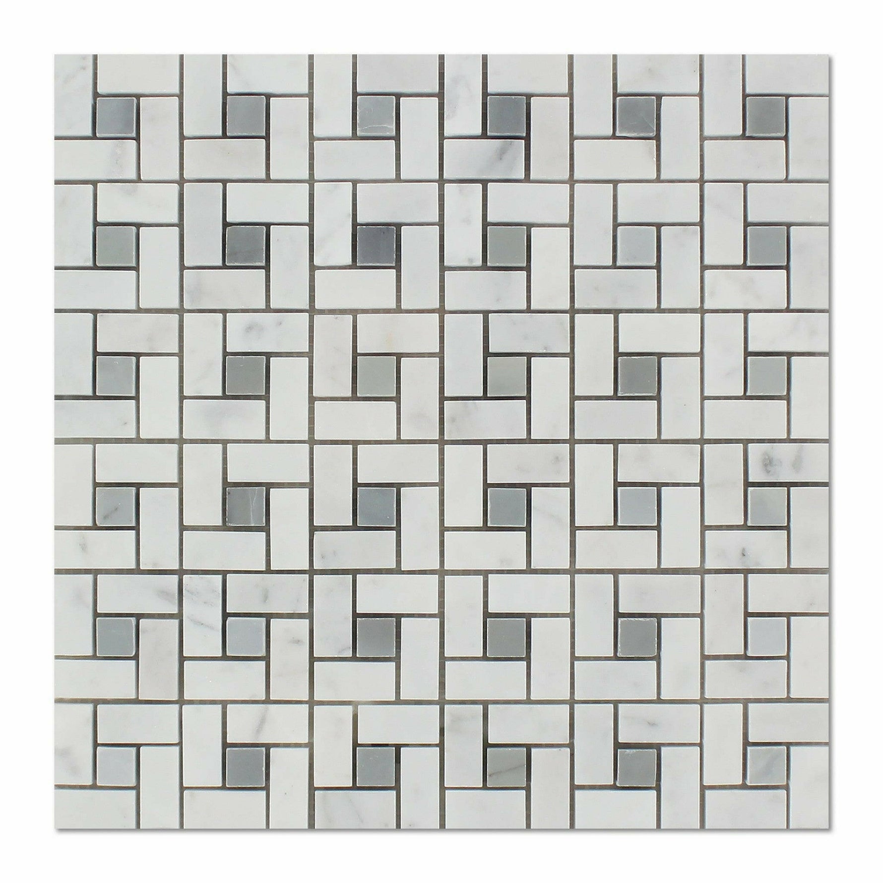 Carrara White Marble Polished Pinwheel Mosaic Tile w/ Blue-Gray Dots-Marble Mosaic-American Tile Depot