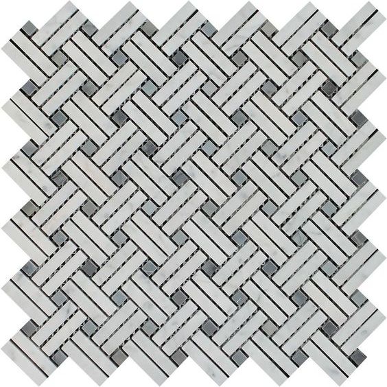 Carrara White Marble Polished Stanza Basketweave Mosaic Tile w/ Blue Gray Dots-Marble Mosaic-American Tile Depot