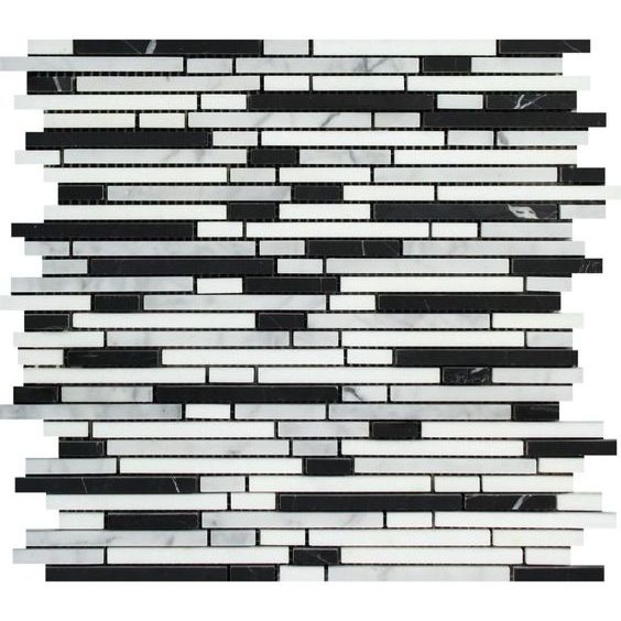 Carrara White Marble Polished Tricolor Bamboo Sticks Mosaic (Carrara + Thassos + Black )-Marble Mosaic-American Tile Depot